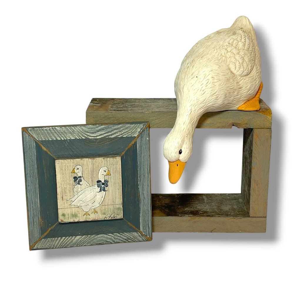 Goose Shelf Sitter & Artwork Set Country Farmhouse Cottagecore Vintage Signed